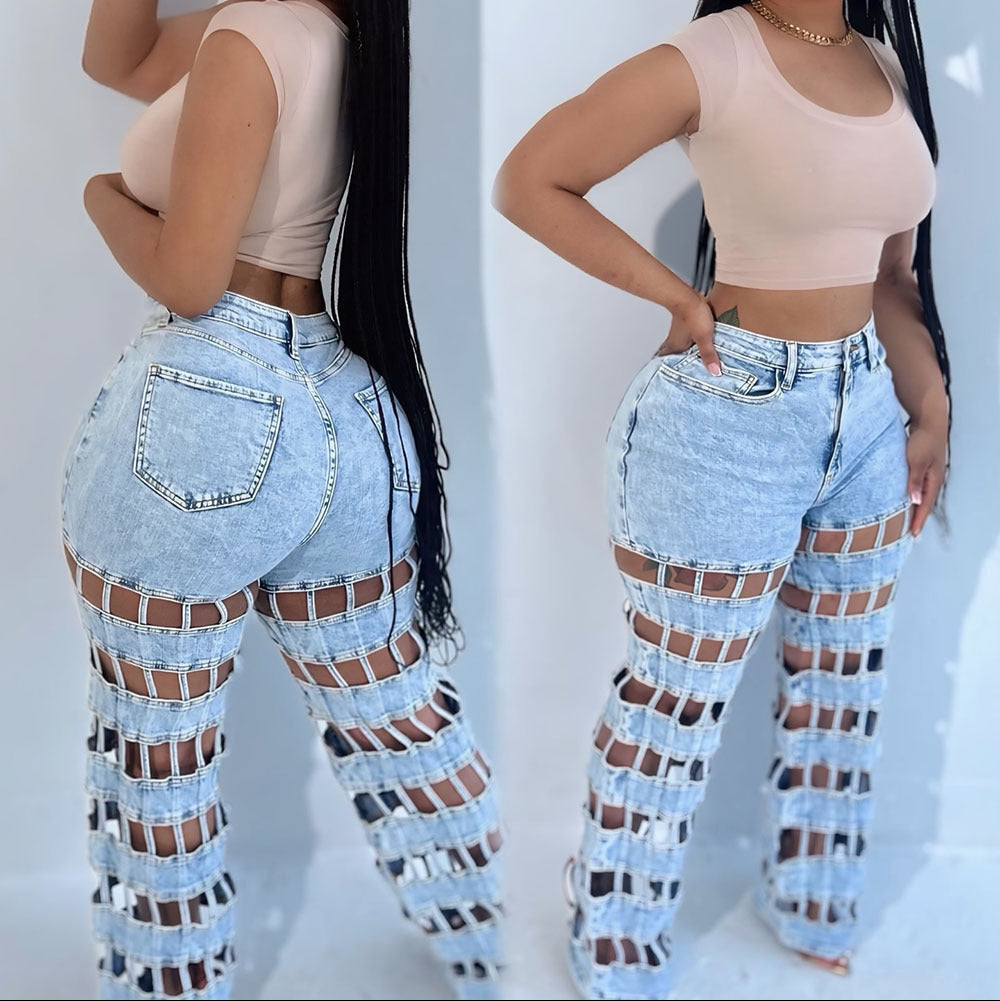 Hollow high waist straight pants $35.00